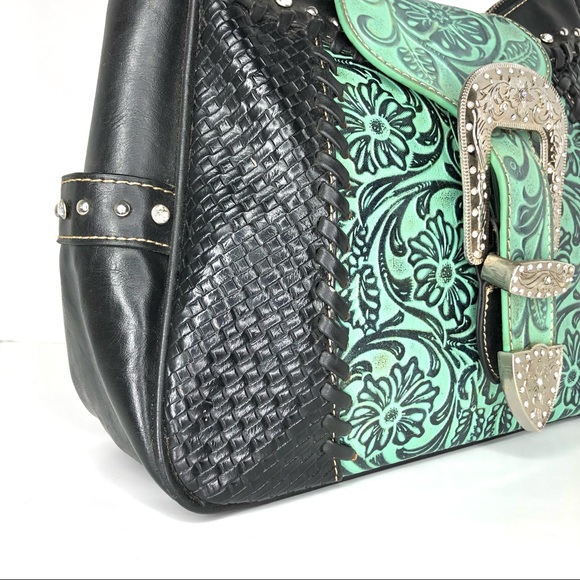 Trinity Ranch Montana West Turquoise Tooled Leather Shoulder Bag - Picture 11 of 16